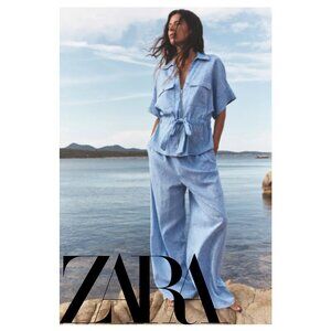 Zara Linen Blend Blue Chambray Short Sleeve Elastic Tie Waist Blouse Top